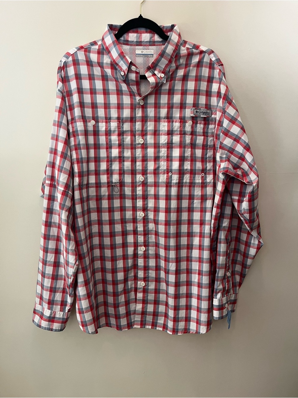 Columbia Men's Red & White Plaid Button-Up Sporting Fishing Hunting Shirt Sz XLT